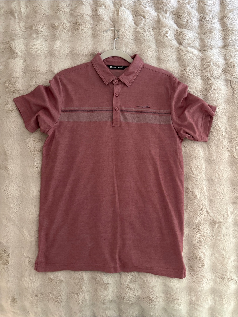Travis Mathew Men's Polo in Dusty Rose with Chest Stripe